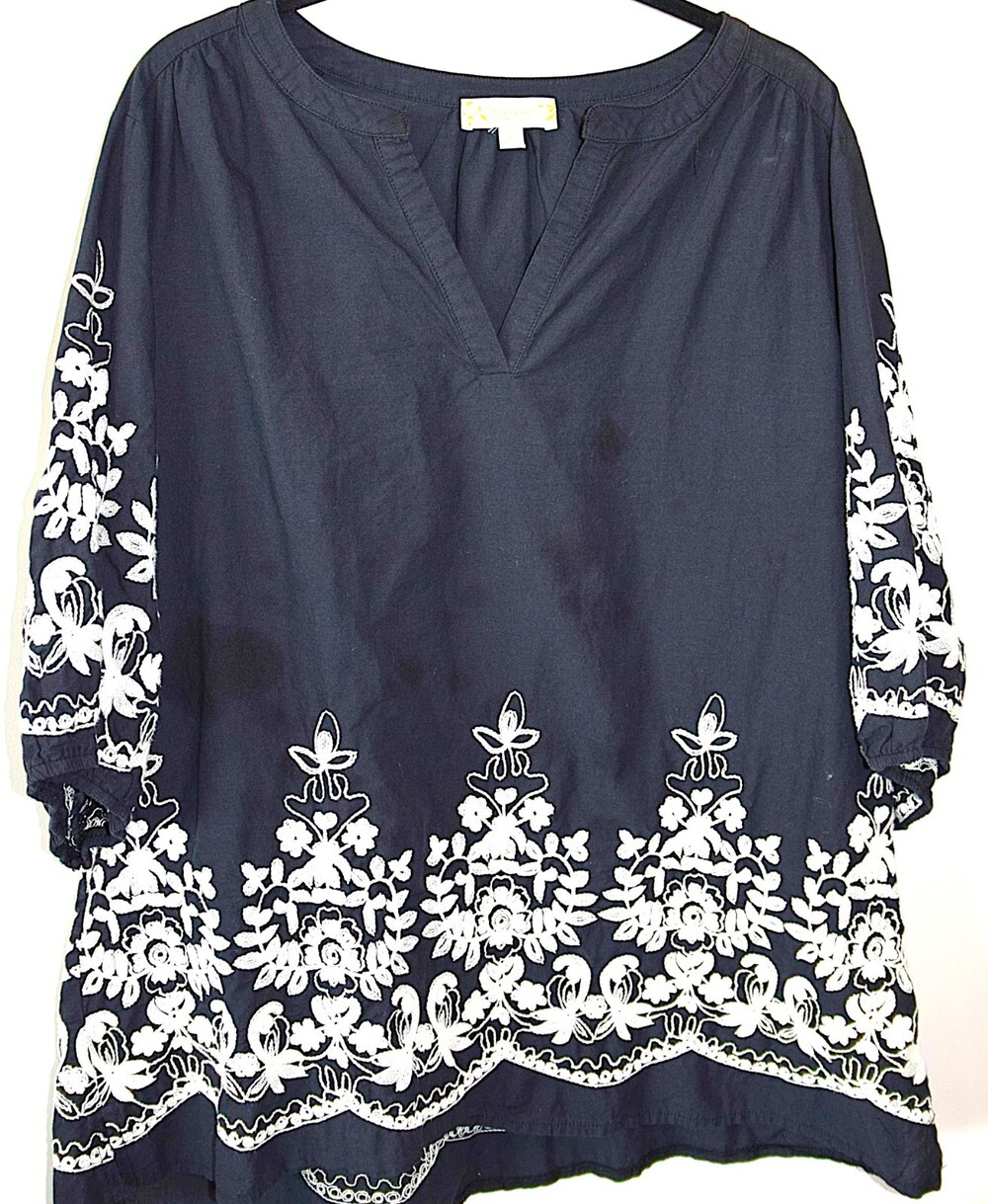 Suzanne Betro 100% Cotton Embroidered Peasant Blouse Top Black White Plus 2X